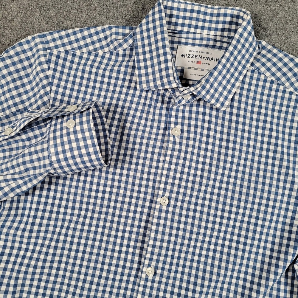 Mizzen+Main Leeward Dress Shirt Mens Large Blue Gingham Trim Fit Stretch USA